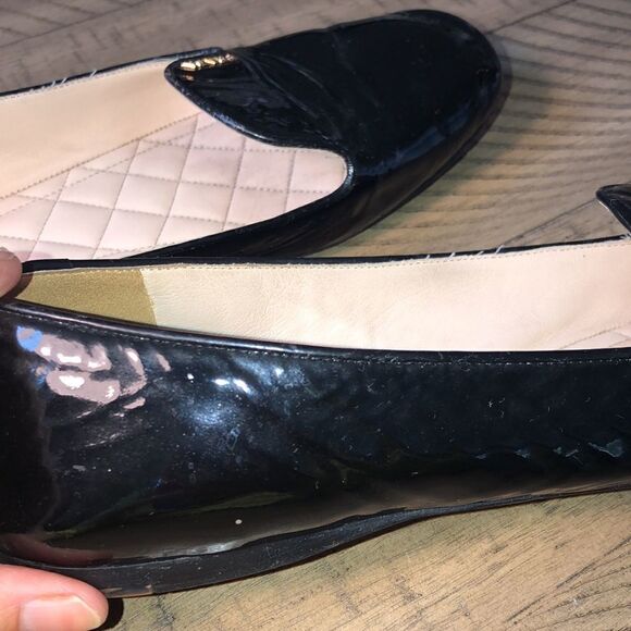 Prada Gold Logo Patent Leather Loafers Quilted Footbed. Sanitized and polished. - Picture 15 of 17
